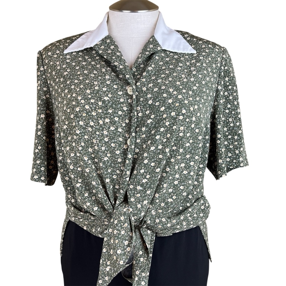 Claire France Vintage Floral Olive Green Button Down Blouse with Collar Sz 16